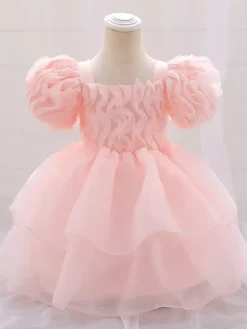 White Flower Girl Dresses Special Occasion Dresses Light Pink Tulle Short Sleeves Square Neck Flower Girl Dresses