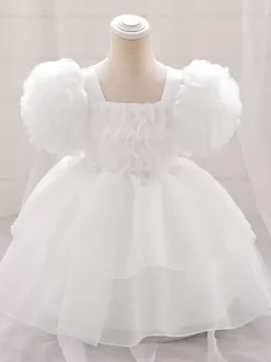 White Flower Girl Dresses Special Occasion Dresses Light Pink Tulle Short Sleeves Square Neck Flower Girl Dresses