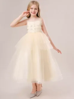 White Flower Girl Dresses Special Occasion Dresses Champagne Tulle Sleeveless Jewel Neck Flower Girl Dresses