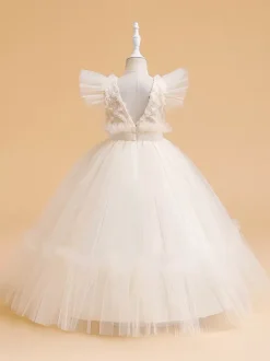 White Flower Girl Dresses Special Occasion Dresses White Tulle Short Sleeves Jewel Neck Flower Girl Dresses