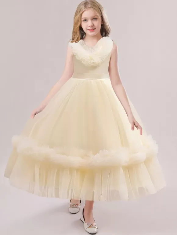 White Flower Girl Dresses Special Occasion Dresses Champagne Tulle Sleeveless V-Neck Flower Girl Dresses