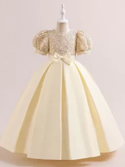 White Flower Girl Dresses Special Occasion Dresses Champagne Polyester Short Sleeves Jewel Neck Flower Girl Dresses