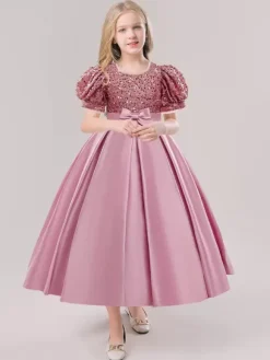White Flower Girl Dresses Special Occasion Dresses Champagne Polyester Short Sleeves Jewel Neck Flower Girl Dresses