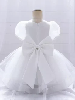 White Flower Girl Dresses Special Occasion Dresses White Satin Fabric Short Sleeves Jewel Neck Flower Girl Dresses