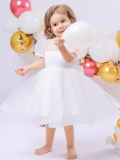 White Flower Girl Dresses Special Occasion Dresses White Satin Fabric Short Sleeves Jewel Neck Flower Girl Dresses