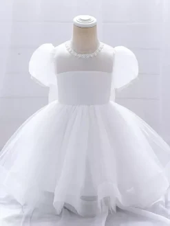 White Flower Girl Dresses Special Occasion Dresses White Satin Fabric Short Sleeves Jewel Neck Flower Girl Dresses