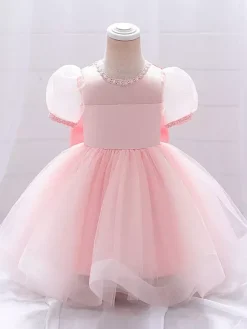 White Flower Girl Dresses Special Occasion Dresses White Satin Fabric Short Sleeves Jewel Neck Flower Girl Dresses