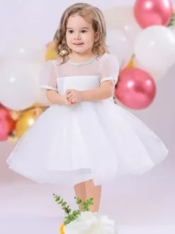 White Flower Girl Dresses Special Occasion Dresses White Satin Fabric Short Sleeves Jewel Neck Flower Girl Dresses