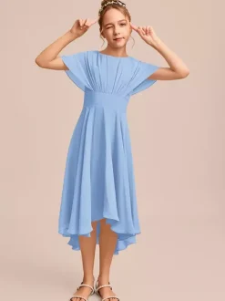 White Flower Girl Dresses Special Occasion Dresses Blue Chiffon Short Sleeves Jewel Neck Flower Girl Dresses