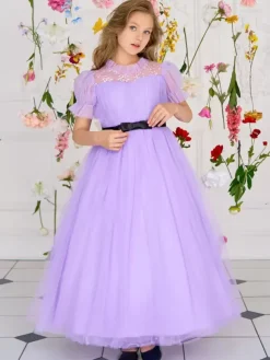White Flower Girl Dresses Special Occasion Dresses Purple Tulle Short Sleeves Jewel Neck Flower Girl Dresses