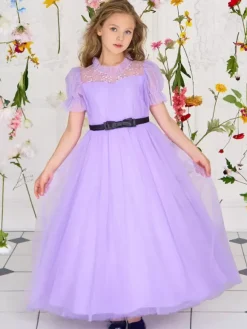White Flower Girl Dresses Special Occasion Dresses Purple Tulle Short Sleeves Jewel Neck Flower Girl Dresses