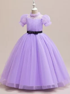 White Flower Girl Dresses Special Occasion Dresses Purple Tulle Short Sleeves Jewel Neck Flower Girl Dresses