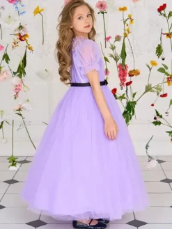 White Flower Girl Dresses Special Occasion Dresses Purple Tulle Short Sleeves Jewel Neck Flower Girl Dresses