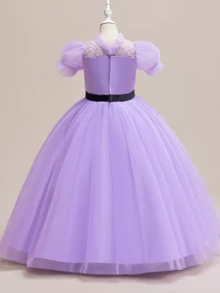 White Flower Girl Dresses Special Occasion Dresses Purple Tulle Short Sleeves Jewel Neck Flower Girl Dresses