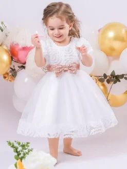 White Flower Girl Dresses Special Occasion Dresses White Lace Short Sleeves Jewel Neck Flower Girl Dresses