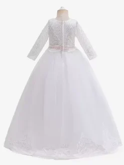 White Flower Girl Dresses White Tulle Half Sleeves Jewel Neck Flower Girl Dresses