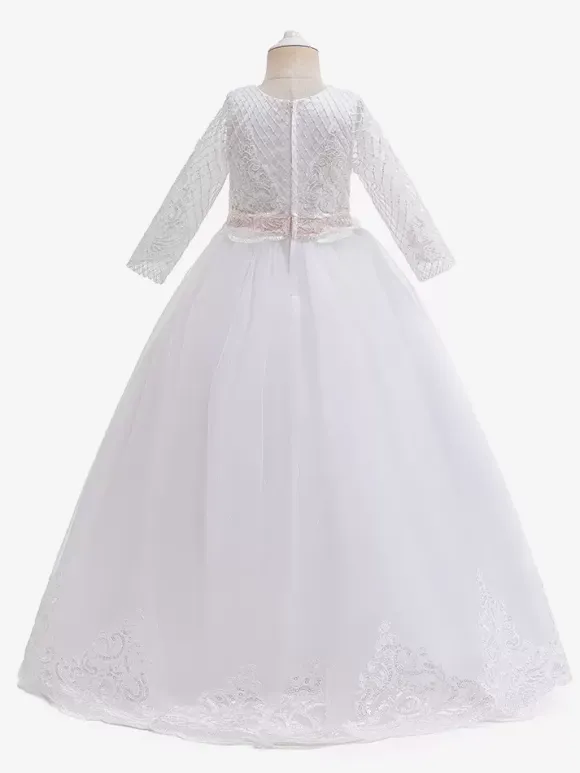 White Flower Girl Dresses White Tulle Half Sleeves Jewel Neck Flower Girl Dresses