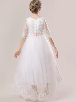 White Flower Girl Dresses White Tulle Half Sleeves Jewel Neck Flower Girl Dresses