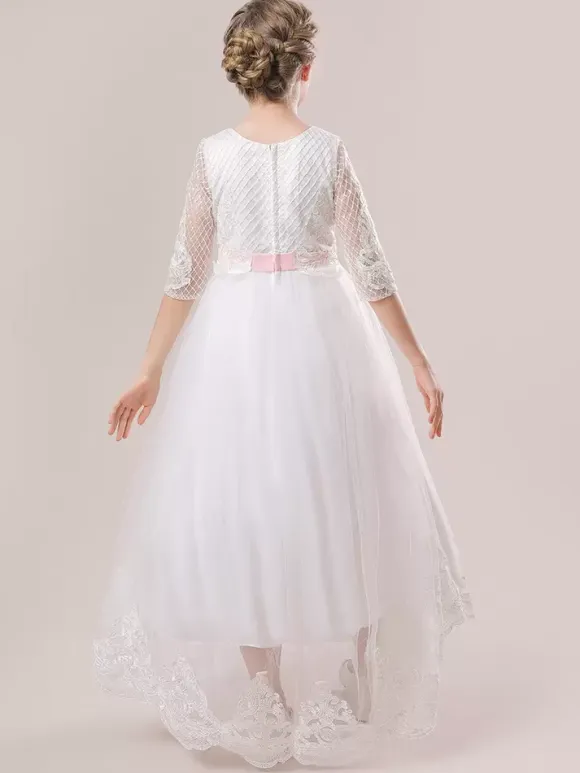White Flower Girl Dresses White Tulle Half Sleeves Jewel Neck Flower Girl Dresses