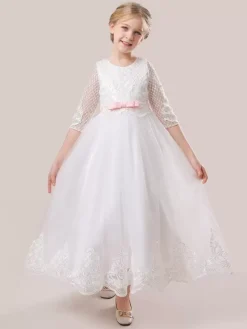 White Flower Girl Dresses White Tulle Half Sleeves Jewel Neck Flower Girl Dresses