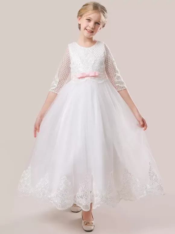 White Flower Girl Dresses White Tulle Half Sleeves Jewel Neck Flower Girl Dresses