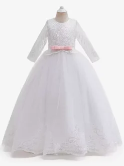 White Flower Girl Dresses White Tulle Half Sleeves Jewel Neck Flower Girl Dresses