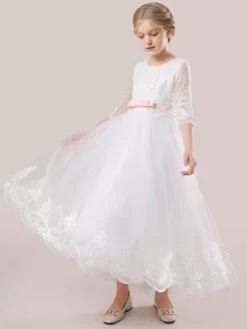 White Flower Girl Dresses White Tulle Half Sleeves Jewel Neck Flower Girl Dresses