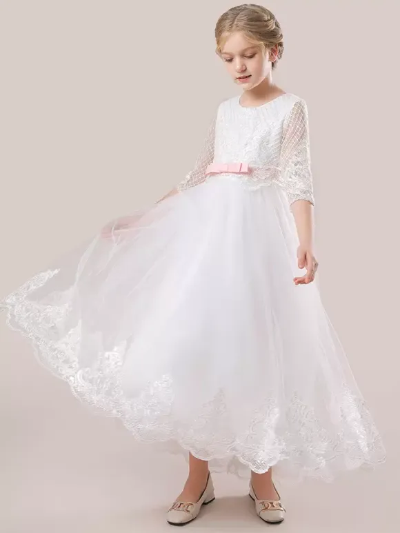 White Flower Girl Dresses White Tulle Half Sleeves Jewel Neck Flower Girl Dresses