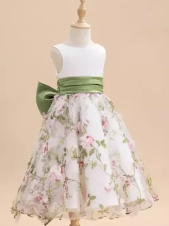 White Flower Girl Dresses White Satin Fabric Sleeveless Jewel Neck Flower Girl Dresses