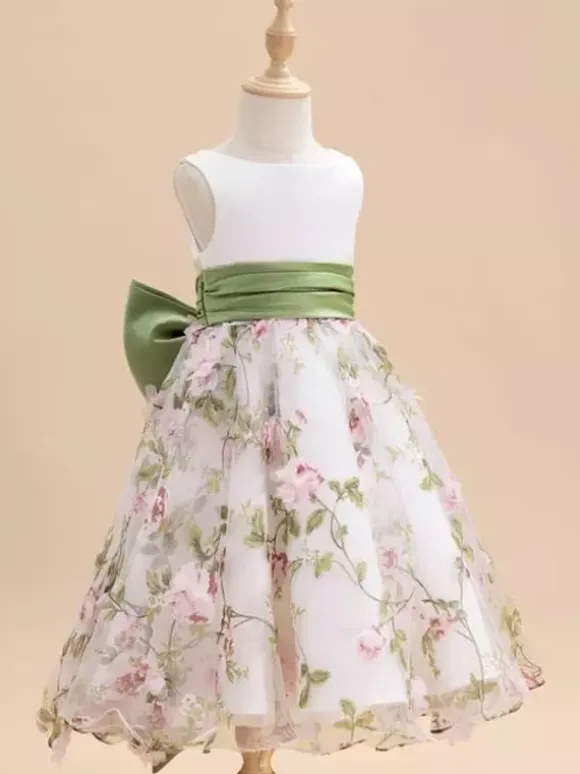 White Flower Girl Dresses White Satin Fabric Sleeveless Jewel Neck Flower Girl Dresses