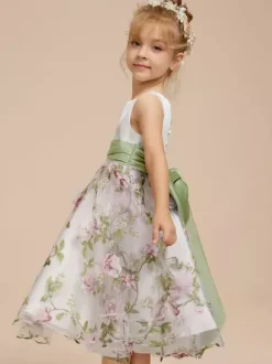 White Flower Girl Dresses White Satin Fabric Sleeveless Jewel Neck Flower Girl Dresses