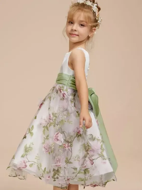 White Flower Girl Dresses White Satin Fabric Sleeveless Jewel Neck Flower Girl Dresses