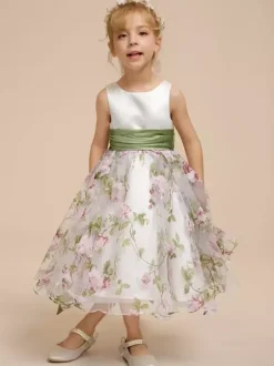 White Flower Girl Dresses White Satin Fabric Sleeveless Jewel Neck Flower Girl Dresses