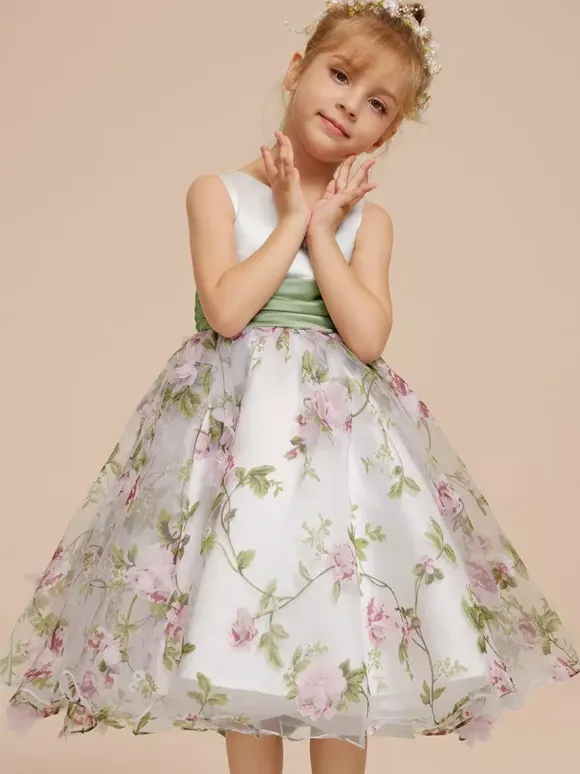 White Flower Girl Dresses White Satin Fabric Sleeveless Jewel Neck Flower Girl Dresses