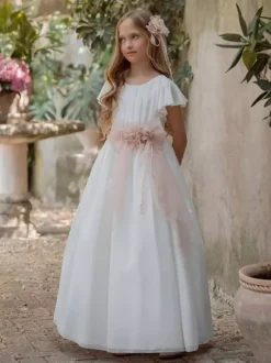 White Flower Girl Dresses White Chiffon Short Sleeves Jewel Neck Flower Girl Dresses