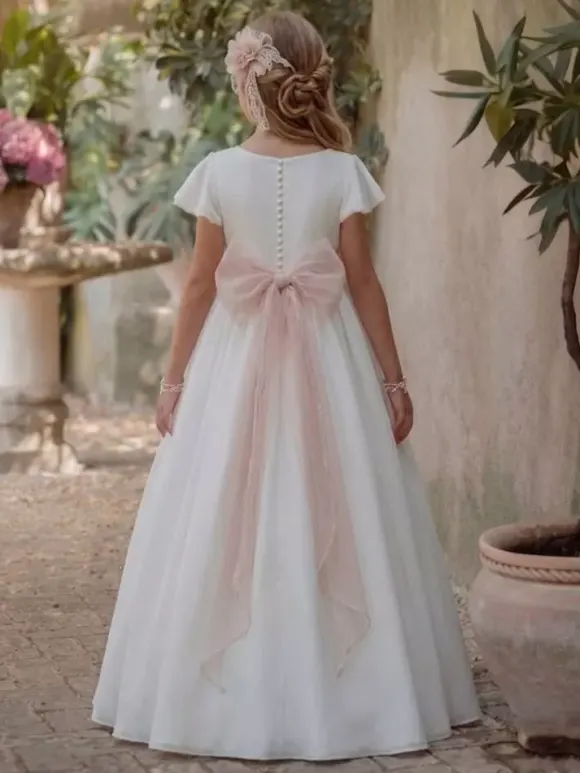 White Flower Girl Dresses White Chiffon Short Sleeves Jewel Neck Flower Girl Dresses