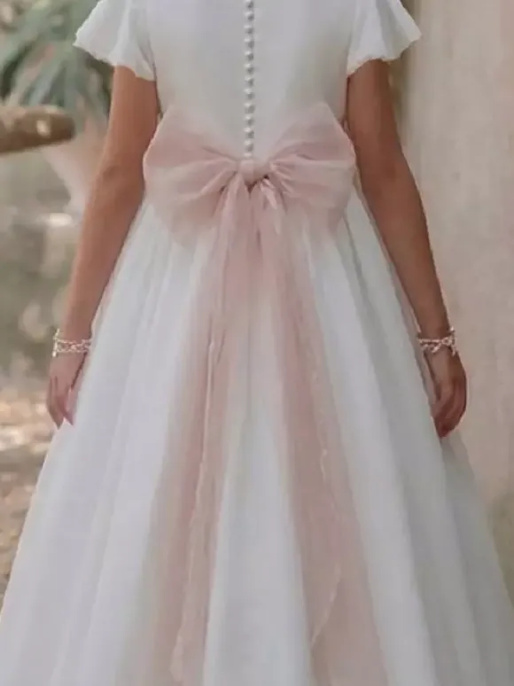 White Flower Girl Dresses White Chiffon Short Sleeves Jewel Neck Flower Girl Dresses