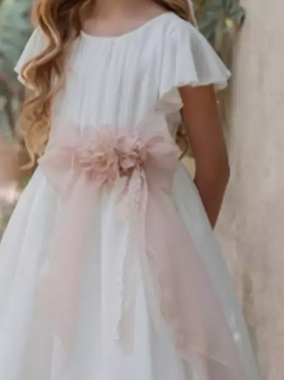 White Flower Girl Dresses White Chiffon Short Sleeves Jewel Neck Flower Girl Dresses