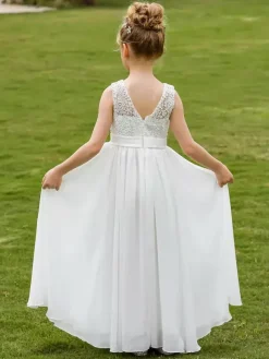 White Flower Girl Dresses White Lace Sleeveless Jewel Neck Flower Girl Dresses