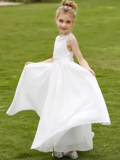 White Flower Girl Dresses White Lace Sleeveless Jewel Neck Flower Girl Dresses