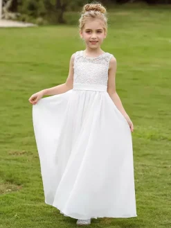 White Flower Girl Dresses White Lace Sleeveless Jewel Neck Flower Girl Dresses