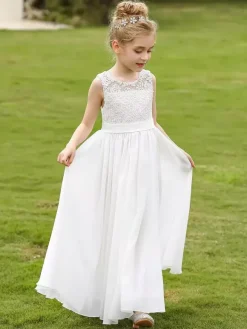 White Flower Girl Dresses White Lace Sleeveless Jewel Neck Flower Girl Dresses