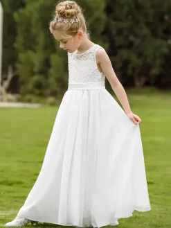White Flower Girl Dresses White Lace Sleeveless Jewel Neck Flower Girl Dresses
