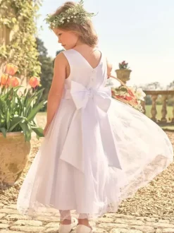 White Flower Girl Dresses White Satin Fabric Sleeveless Jewel Neck Flower Girl Dresses