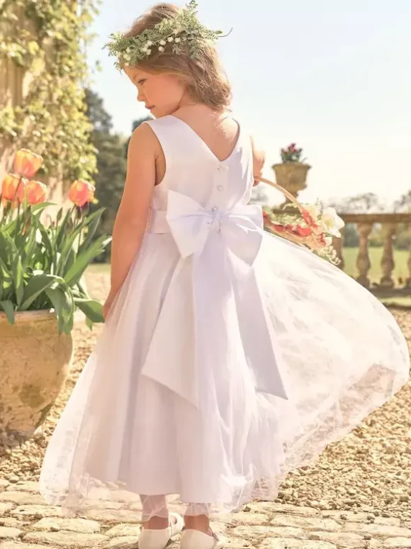 White Flower Girl Dresses White Satin Fabric Sleeveless Jewel Neck Flower Girl Dresses