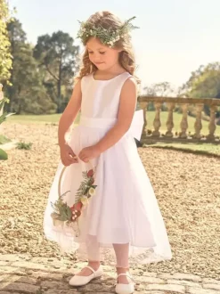 White Flower Girl Dresses White Satin Fabric Sleeveless Jewel Neck Flower Girl Dresses