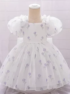 White Flower Girl Dresses Baby Blue Polyester Short Sleeves Square Neck Flower Girl Dresses