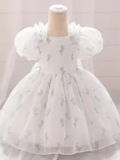 White Flower Girl Dresses Baby Blue Polyester Short Sleeves Square Neck Flower Girl Dresses