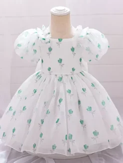 White Flower Girl Dresses Baby Blue Polyester Short Sleeves Square Neck Flower Girl Dresses