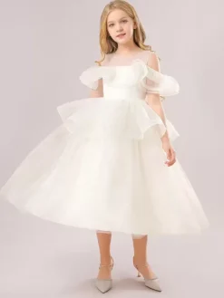 White Flower Girl Dresses Champagne Organza Sleeveless Jewel Neck Flower Girl Dresses